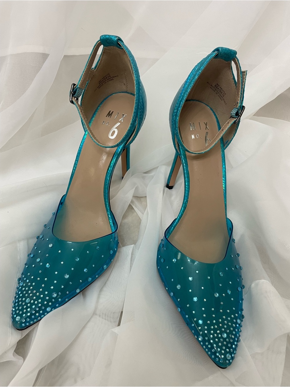 Mix No. 6 Teal Pointed Toe Ankle-Strap Heels with Rhinestones (Size 8)